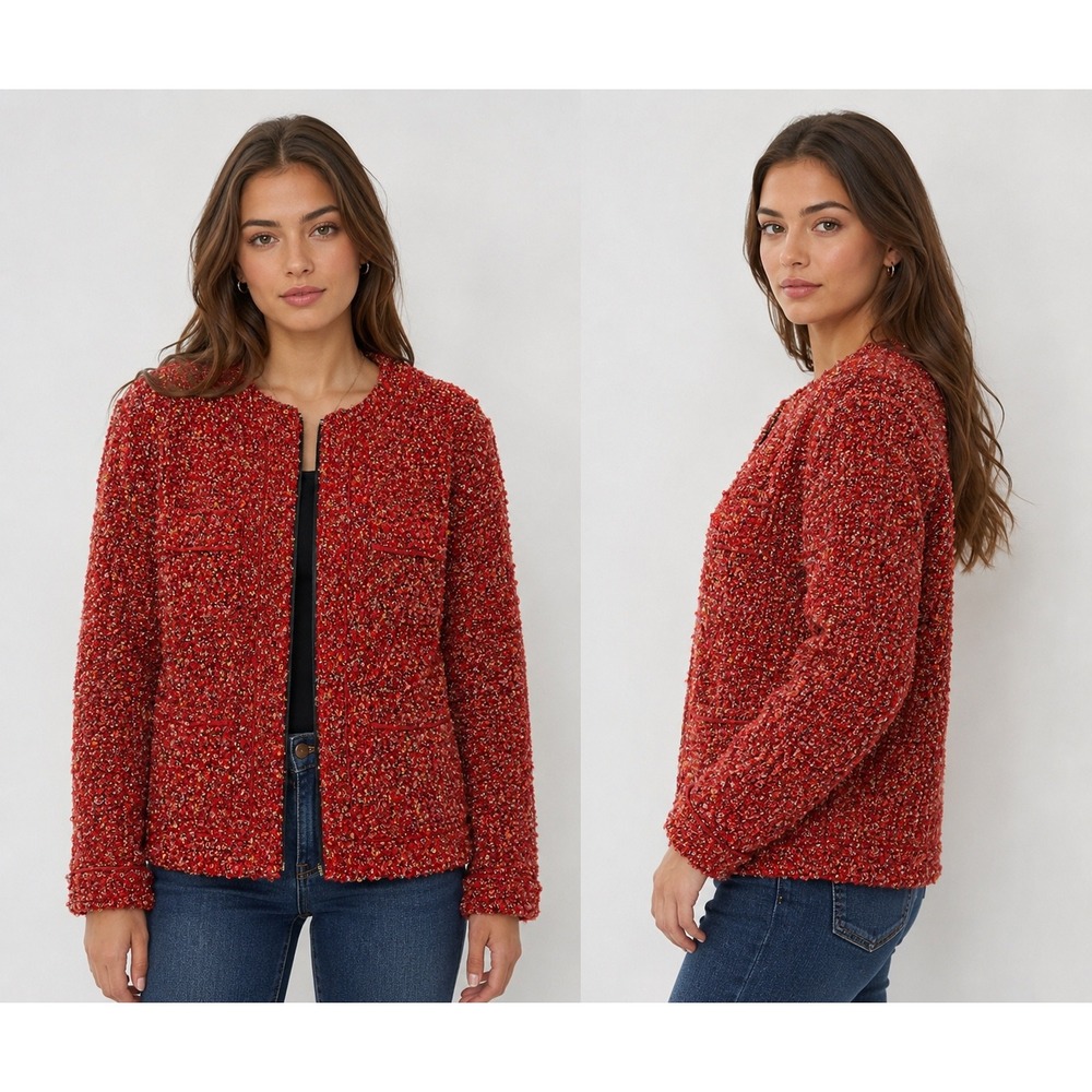 Vintage Harris‎ Wallace New York Red Boucle Tweed Open Front Jacket Size 16